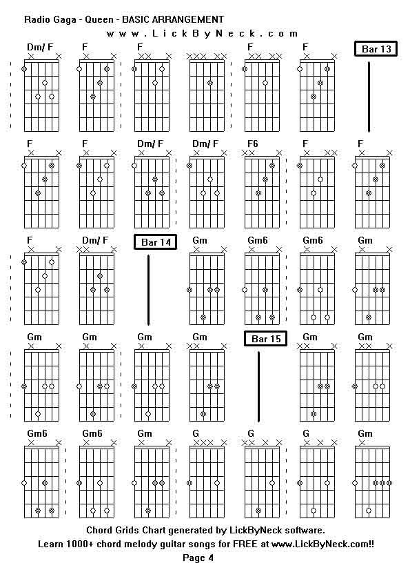 Chord Grids Chart of chord melody fingerstyle guitar song-Radio Gaga - Queen - BASIC ARRANGEMENT,generated by LickByNeck software.